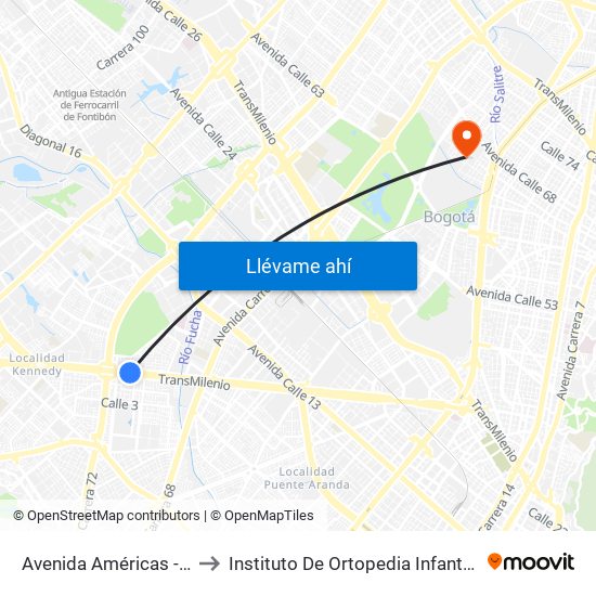 Avenida Américas - Avenida Boyacá to Instituto De Ortopedia Infantil Rooselt Cede Propace map