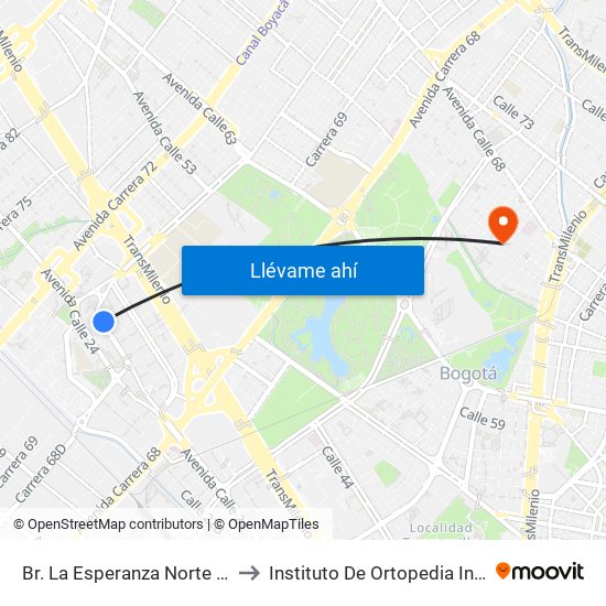 Br. La Esperanza Norte (Av. La Esperanza - Kr 69d) to Instituto De Ortopedia Infantil Rooselt Cede Propace map