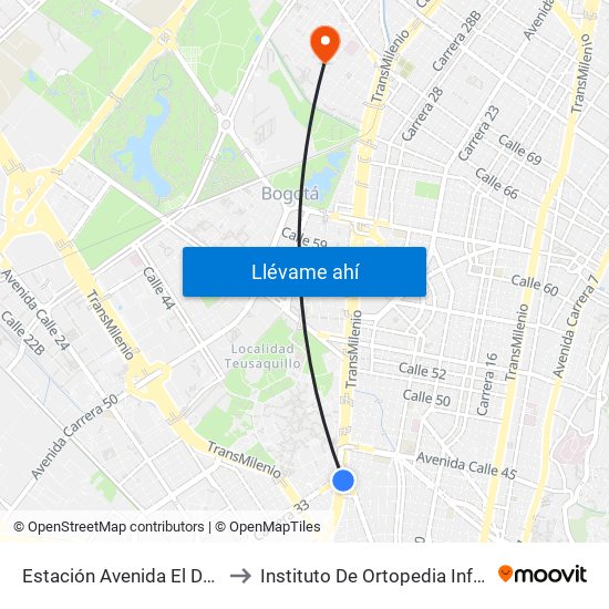 Estación Avenida El Dorado (Av. NQS - Cl 40a) to Instituto De Ortopedia Infantil Rooselt Cede Propace map