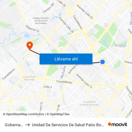 Gobernación to Unidad De Servicios De Salud Patio Bonito El Tintal map