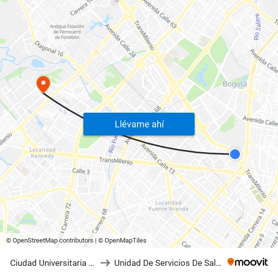 Ciudad Universitaria - Lotería De Bogotá to Unidad De Servicios De Salud Patio Bonito El Tintal map