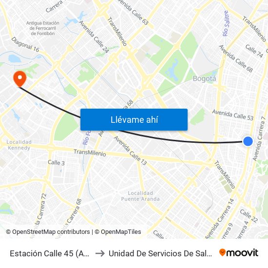 Estación Calle 45 (Ac 45 - Av. Caracas) to Unidad De Servicios De Salud Patio Bonito El Tintal map