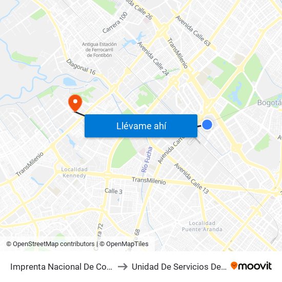 Imprenta Nacional De Colombia (Av. Esperanza - Kr 66) to Unidad De Servicios De Salud Patio Bonito El Tintal map