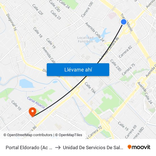 Portal Eldorado (Ac 26 - Av. C. De Cali) to Unidad De Servicios De Salud Patio Bonito El Tintal map