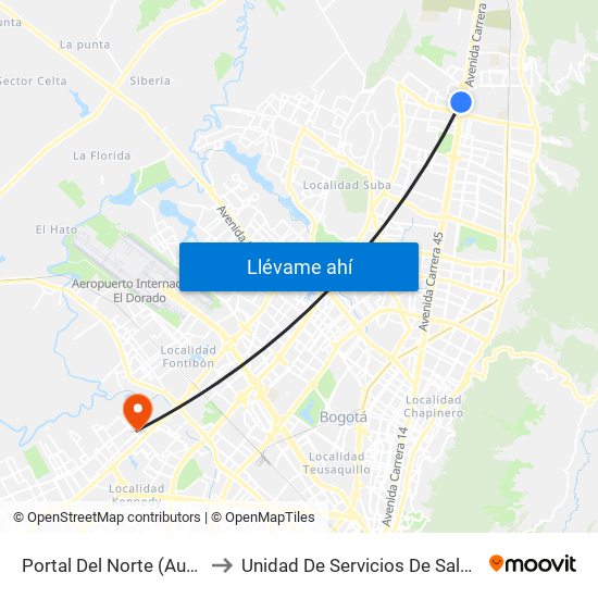 Portal Del Norte (Auto Norte - Cl 174a) to Unidad De Servicios De Salud Patio Bonito El Tintal map