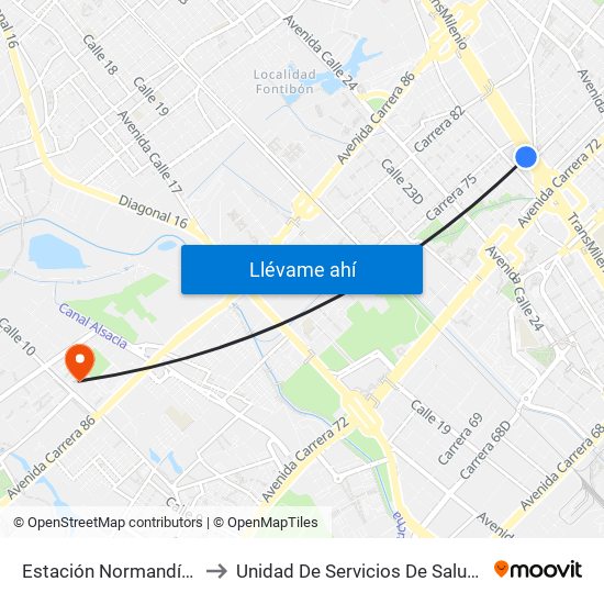 Estación Normandía (Ac 26 - Kr 74) to Unidad De Servicios De Salud Patio Bonito El Tintal map