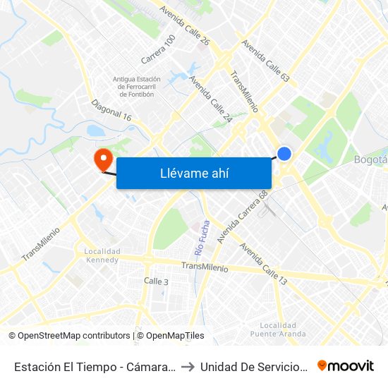 Estación El Tiempo - Cámara De Comercio De Bogotá (Ac 26 - Kr 68b Bis) to Unidad De Servicios De Salud Patio Bonito El Tintal map