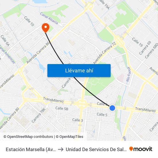 Estación Marsella (Av. Américas - Kr 69b) to Unidad De Servicios De Salud Patio Bonito El Tintal map