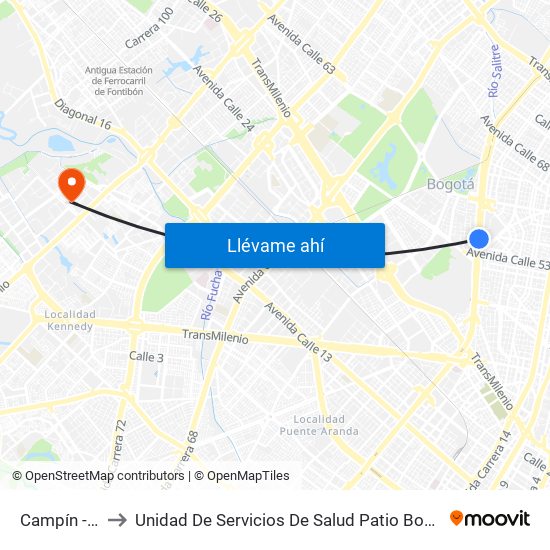 Campín - Uan to Unidad De Servicios De Salud Patio Bonito El Tintal map
