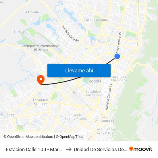 Estación Calle 100 - Marketmedios (Auto Norte - Cl 98) to Unidad De Servicios De Salud Patio Bonito El Tintal map