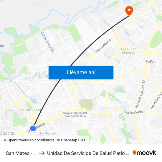 San Mateo - Unisur to Unidad De Servicios De Salud Patio Bonito El Tintal map