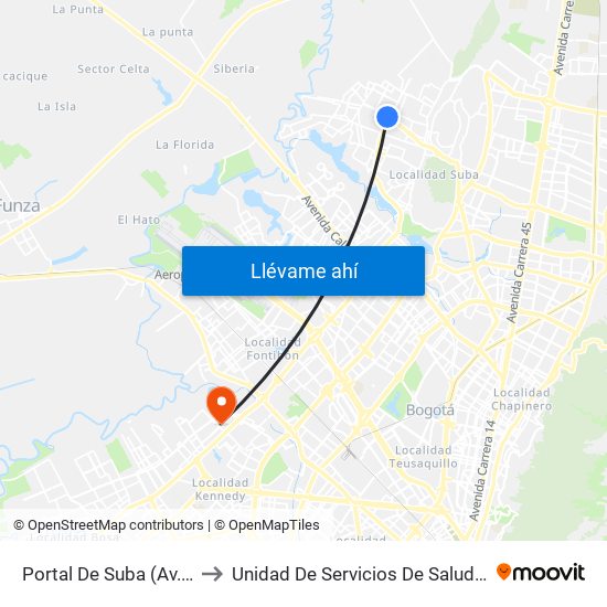 Portal De Suba (Av. Suba - Kr 106) to Unidad De Servicios De Salud Patio Bonito El Tintal map