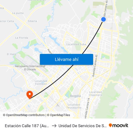 Estación Calle 187 (Auto Norte - Cl 187 Bis) (A) to Unidad De Servicios De Salud Patio Bonito El Tintal map