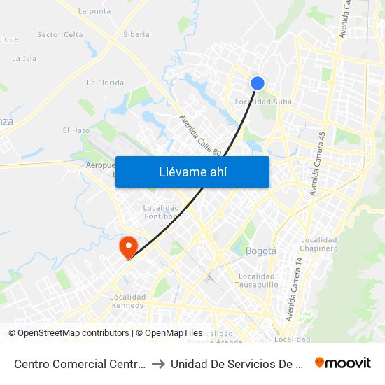 Centro Comercial Centro Suba (Av. Suba - Kr 91) to Unidad De Servicios De Salud Patio Bonito El Tintal map
