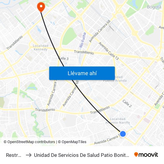 Restrepo to Unidad De Servicios De Salud Patio Bonito El Tintal map