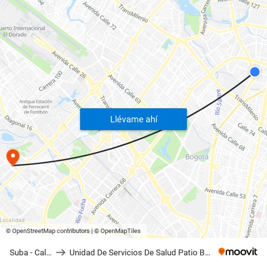 Suba - Calle 95 to Unidad De Servicios De Salud Patio Bonito El Tintal map