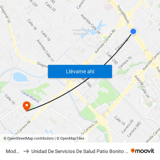 Modelia to Unidad De Servicios De Salud Patio Bonito El Tintal map