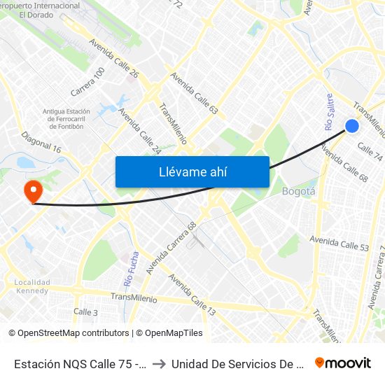 Estación NQS Calle 75 - Zona M (Av. NQS - Cl 75) to Unidad De Servicios De Salud Patio Bonito El Tintal map