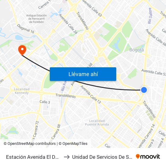 Estación Avenida El Dorado (Av. NQS - Cl 40a) to Unidad De Servicios De Salud Patio Bonito El Tintal map