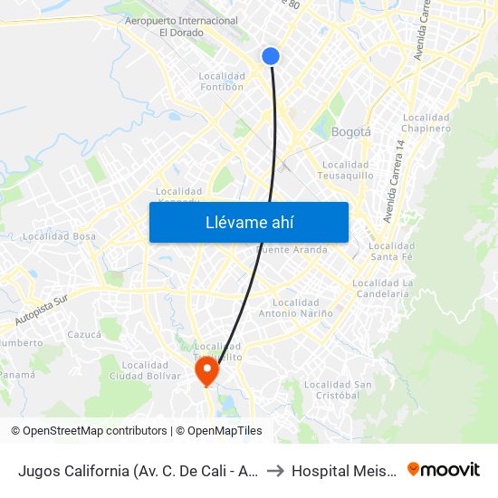 Jugos California (Av. C. De Cali - Ac 63) to Hospital Meissen map