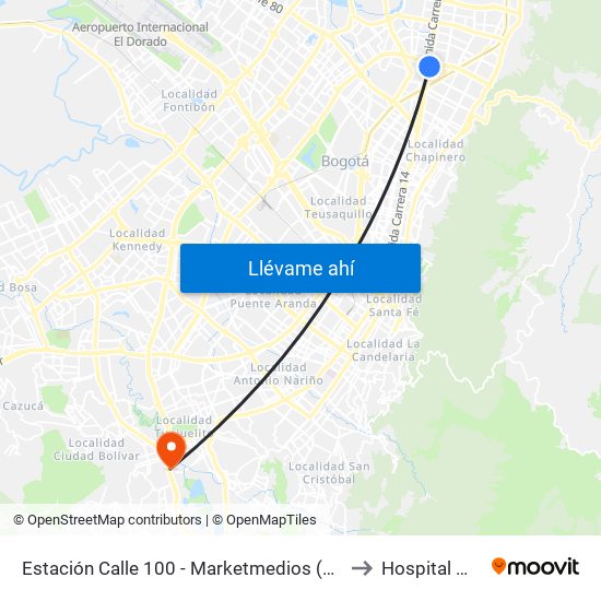 Estación Calle 100 - Marketmedios (Auto Norte - Cl 98) to Hospital Meissen map