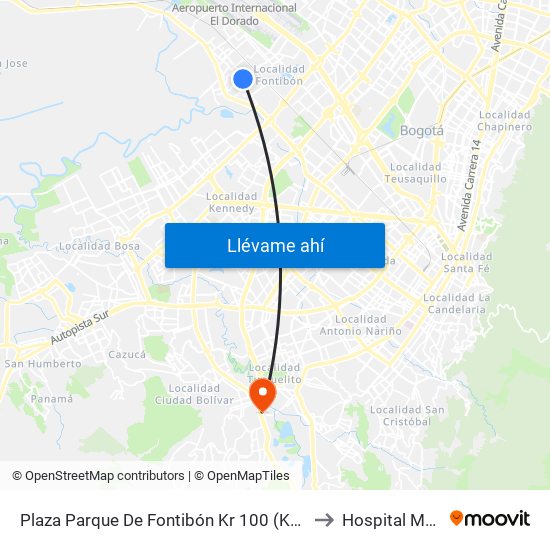 Plaza Parque De Fontibón Kr 100 (Kr 100 - Cl 17a) to Hospital Meissen map