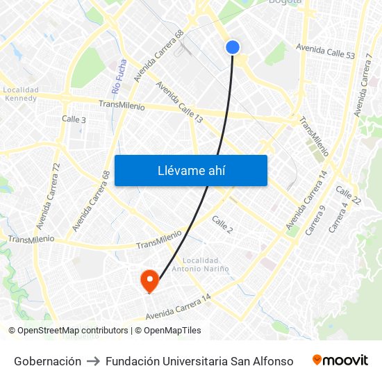 Gobernación to Fundación Universitaria San Alfonso map