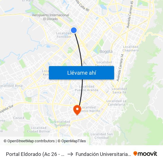 Portal Eldorado (Ac 26 - Av. C. De Cali) to Fundación Universitaria San Alfonso map