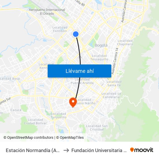 Estación Normandía (Ac 26 - Kr 74) to Fundación Universitaria San Alfonso map