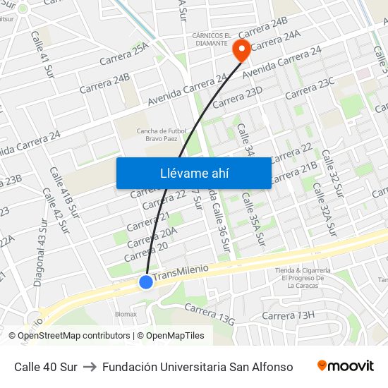Calle 40 Sur to Fundación Universitaria San Alfonso map