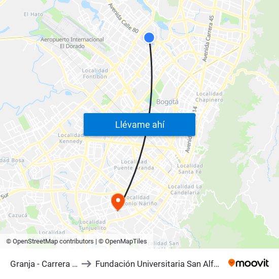 Granja - Carrera 77 to Fundación Universitaria San Alfonso map