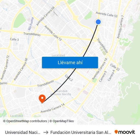 Universidad Nacional to Fundación Universitaria San Alfonso map