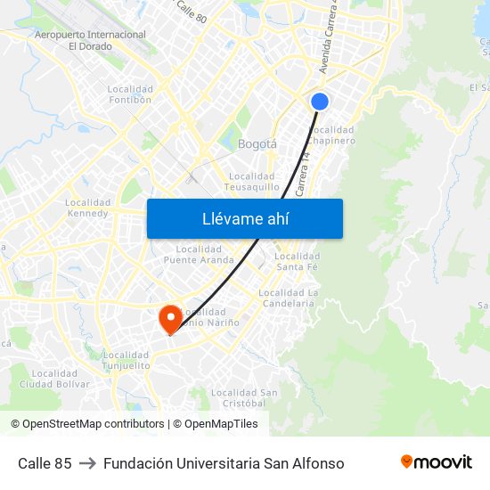 Calle 85 to Fundación Universitaria San Alfonso map