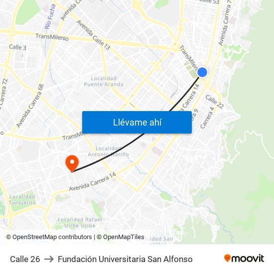 Calle 26 to Fundación Universitaria San Alfonso map
