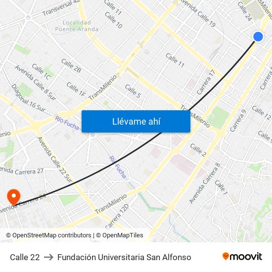 Calle 22 to Fundación Universitaria San Alfonso map