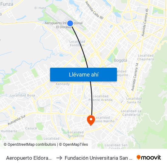 Aeropuerto Eldorado (B) to Fundación Universitaria San Alfonso map