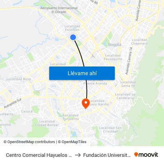Centro Comercial Hayuelos (Av. C. De Cali - Cl 20) to Fundación Universitaria San Alfonso map