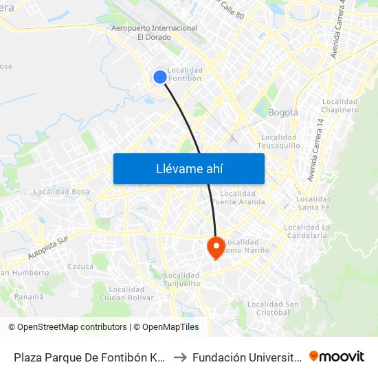 Plaza Parque De Fontibón Kr 100 (Kr 100 - Cl 17a) to Fundación Universitaria San Alfonso map