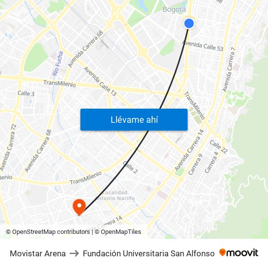 Movistar Arena to Fundación Universitaria San Alfonso map