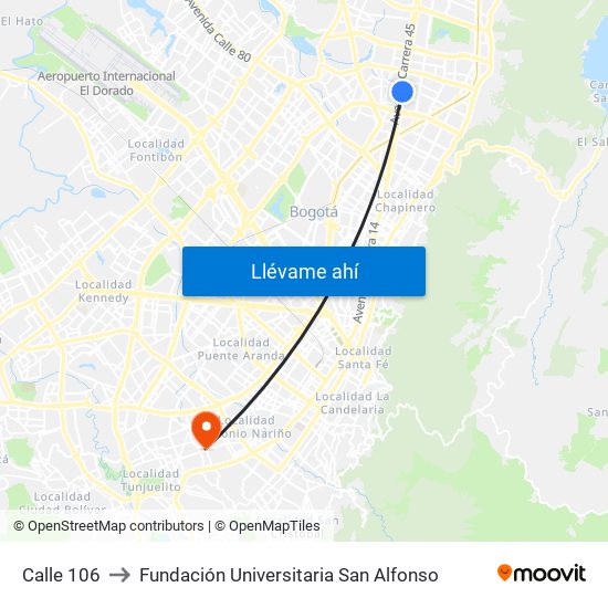 Calle 106 to Fundación Universitaria San Alfonso map