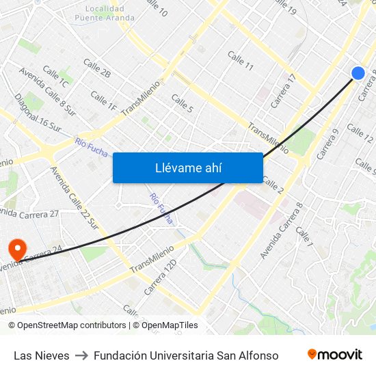 Las Nieves to Fundación Universitaria San Alfonso map