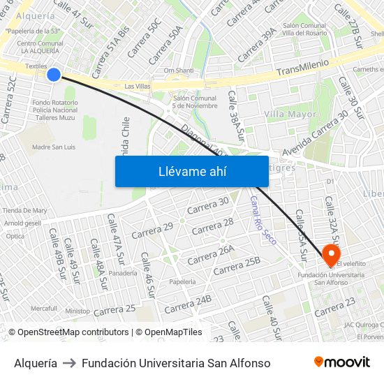 Alquería to Fundación Universitaria San Alfonso map