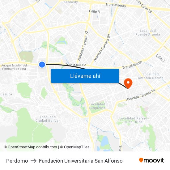 Perdomo to Fundación Universitaria San Alfonso map