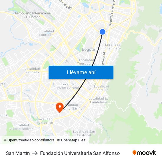 San Martín to Fundación Universitaria San Alfonso map