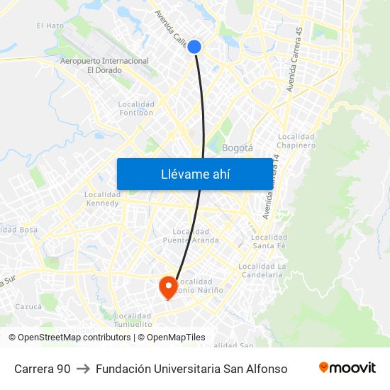 Carrera 90 to Fundación Universitaria San Alfonso map