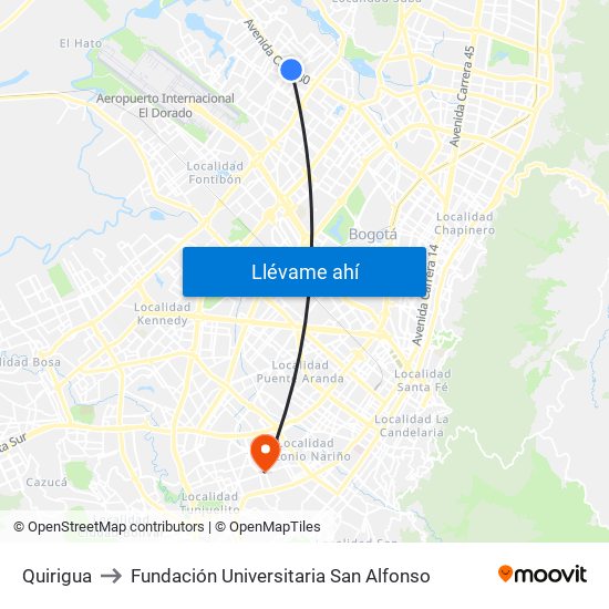 Quirigua to Fundación Universitaria San Alfonso map