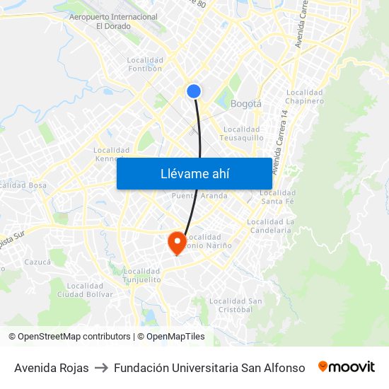 Avenida Rojas to Fundación Universitaria San Alfonso map