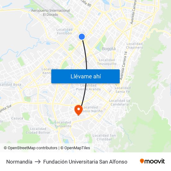 Normandía to Fundación Universitaria San Alfonso map