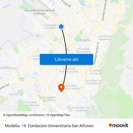 Modelia to Fundación Universitaria San Alfonso map