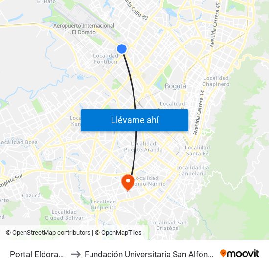 Portal Eldorado to Fundación Universitaria San Alfonso map